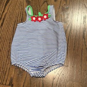 Florence Eiseman blue and white striped bathing suit w flower appliqués size 9m
